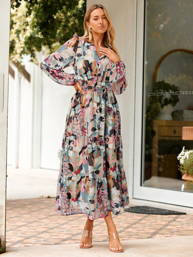 Simplee Women's Floral Boho Long Sleeve Maxi Dress V Neck Empire Waist Swing Flowy Wedding Guest Dress Light Green Floral L - Image 3