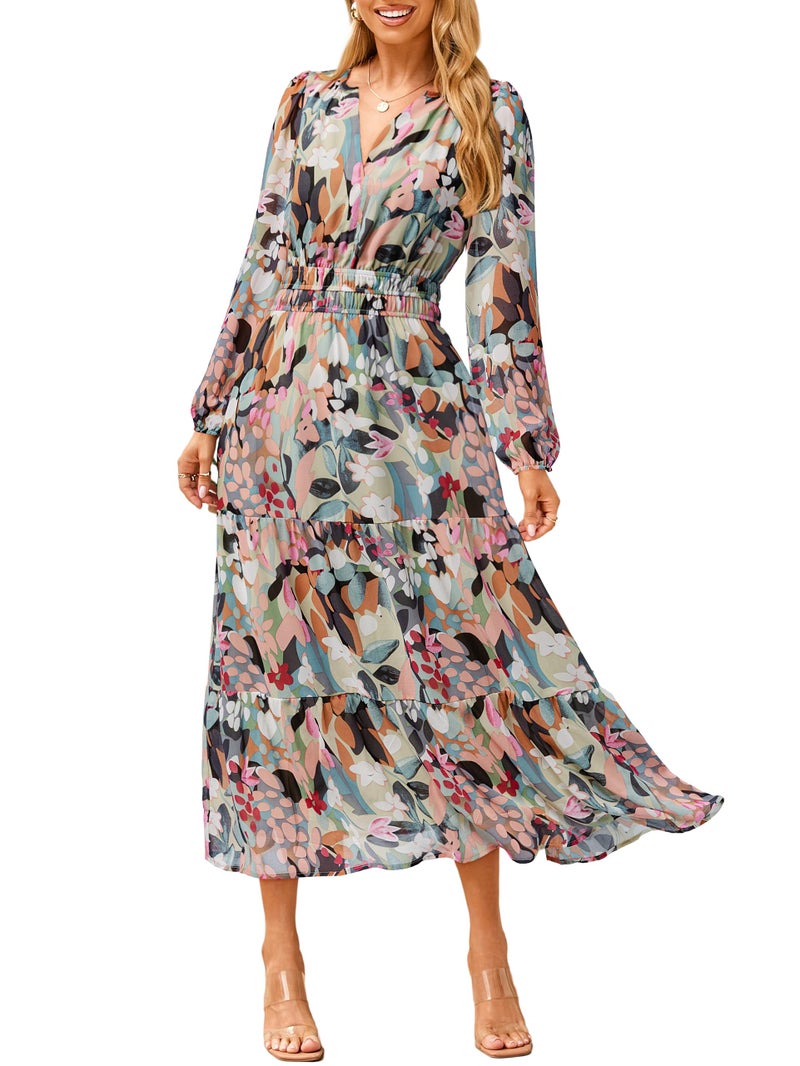 Simplee Women's Floral Boho Long Sleeve Maxi Dress V Neck Empire Waist Swing Flowy Wedding Guest Dress Light Green Floral L - Image 1