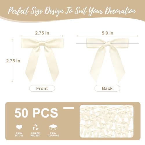Sokfone Satin Ribbon Beige Bow Decor 2.5" Premade Beige Twist Tie Bows for Gift Wrapping Bow for Treat Bags Party Favors Wedding Decorations - 50 Counts - Image 3