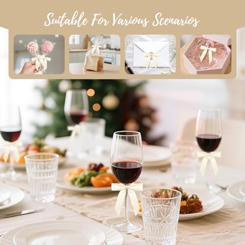Sokfone Satin Ribbon Beige Bow Decor 2.5" Premade Beige Twist Tie Bows for Gift Wrapping Bow for Treat Bags Party Favors Wedding Decorations - 50 Counts - Image 2