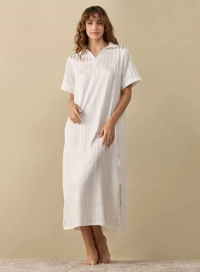 Splash FAV Striped Jacquard Satin Sleepshirt with Short Sleeves