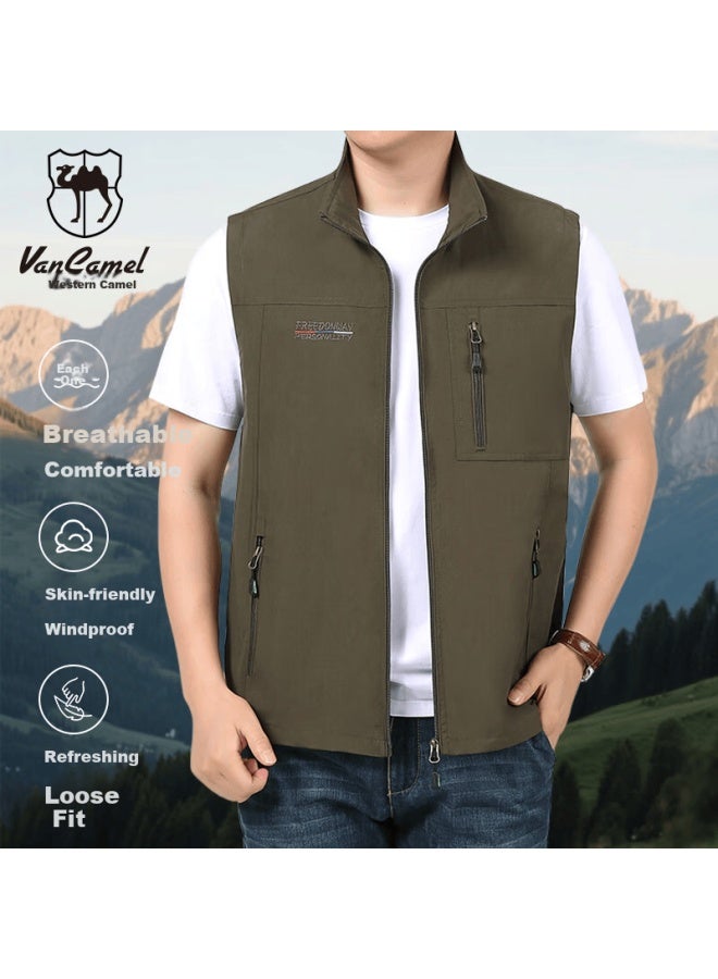 Vancamel Men's Outdoor Quick-dry Casual Multi-pocket Fishing Photography Vest Jacket Military Green 5XL