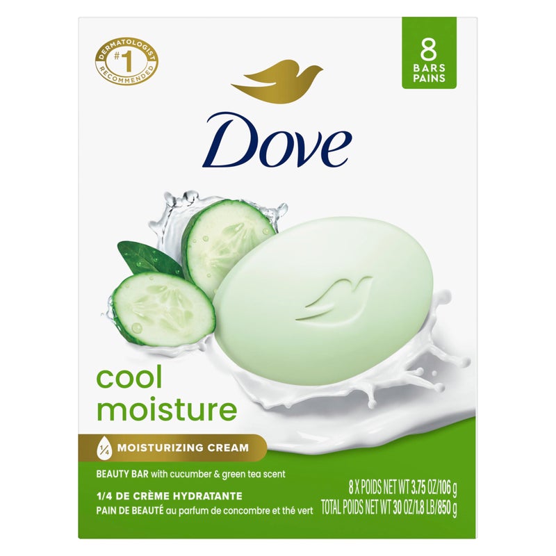 Dove Beauty Bar Soap Cool Moisture Cucumber & Green Tea Scent, 8 Bars for Refreshed Skin, Leaves Skin Refreshed 3.75 oz - Image 1