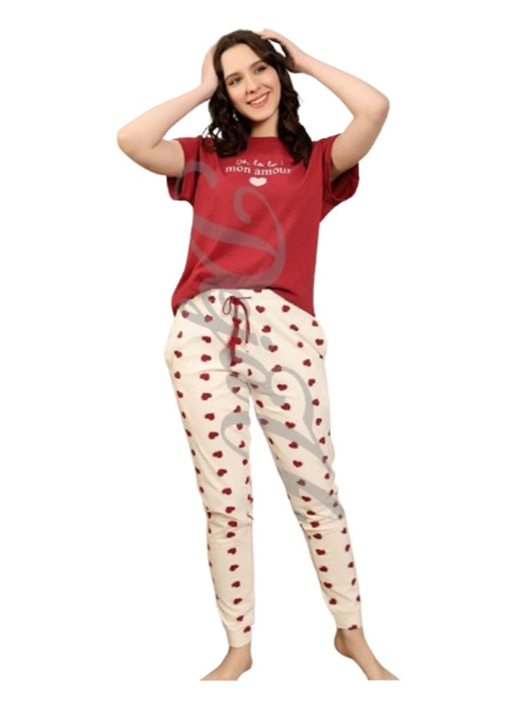 Love Print Pajama Set - Short Sleeve - Plus Size - Burgundy - Image 1