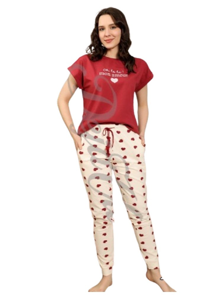 Love Print Pajama Set - Short Sleeve - Plus Size - Burgundy - Image 2
