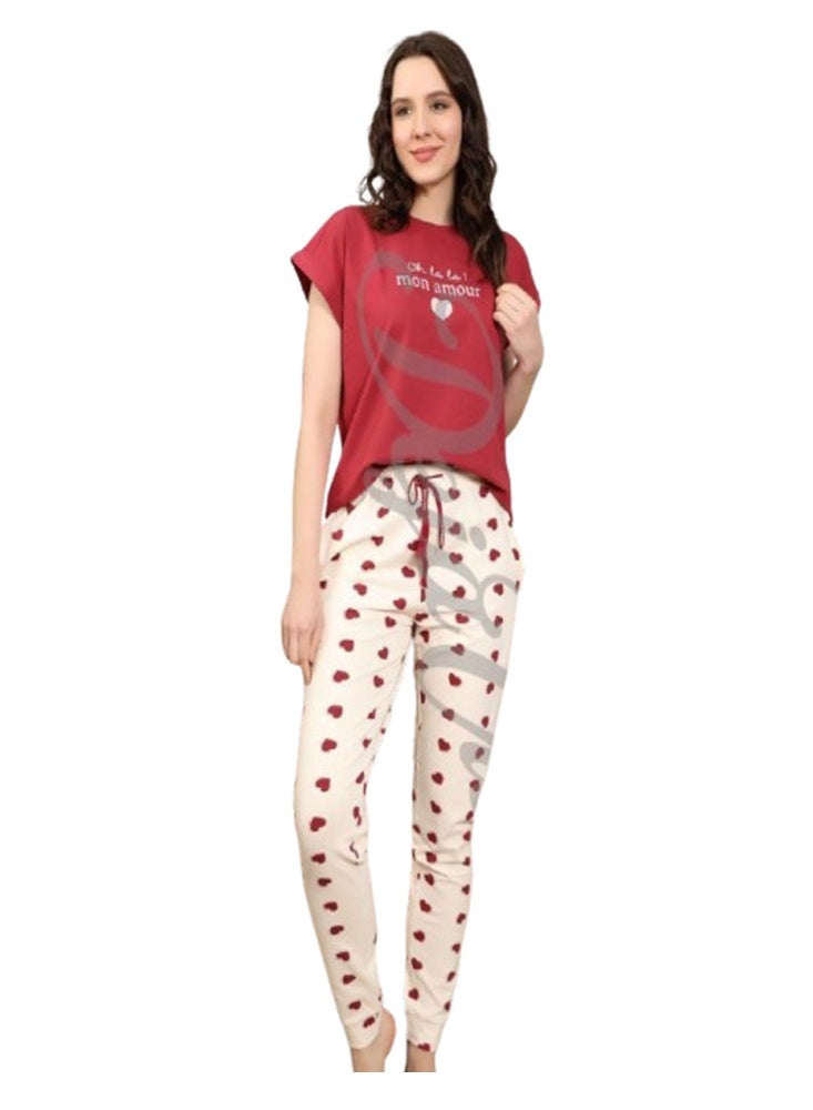 Love Print Pajama Set - Short Sleeve - Plus Size - Burgundy - Image 3