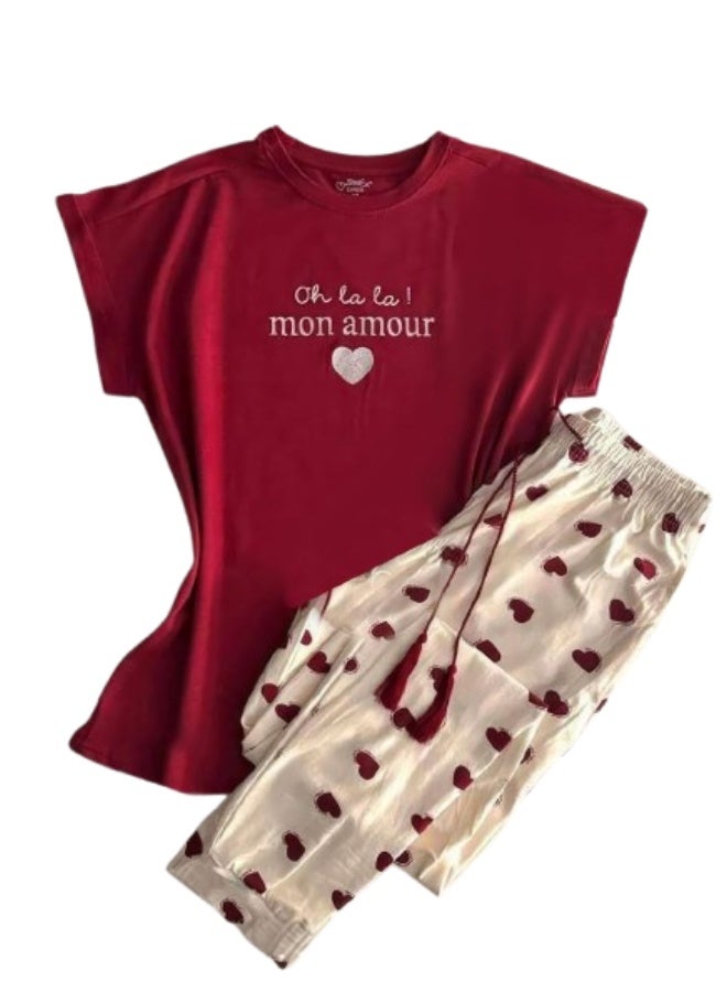 Love Print Pajama Set - Short Sleeve - Plus Size - Burgundy - Image 4