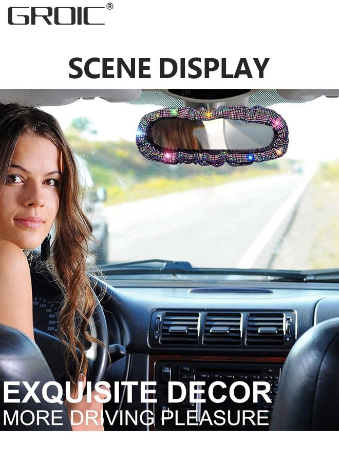 GROIC Bling Bling Car Rearview Mirror Accessories Rhinestones Car Rear View Mirror Cover Elastic Plush Car Mirror Accessories Bling Car Accessories Car Decor for Women Colorful  - Image 2