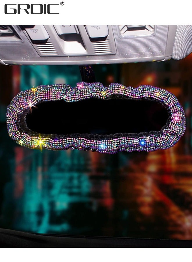 GROIC Bling Bling Car Rearview Mirror Accessories Rhinestones Car Rear View Mirror Cover Elastic Plush Car Mirror Accessories Bling Car Accessories Car Decor for Women Colorful  - Image 1