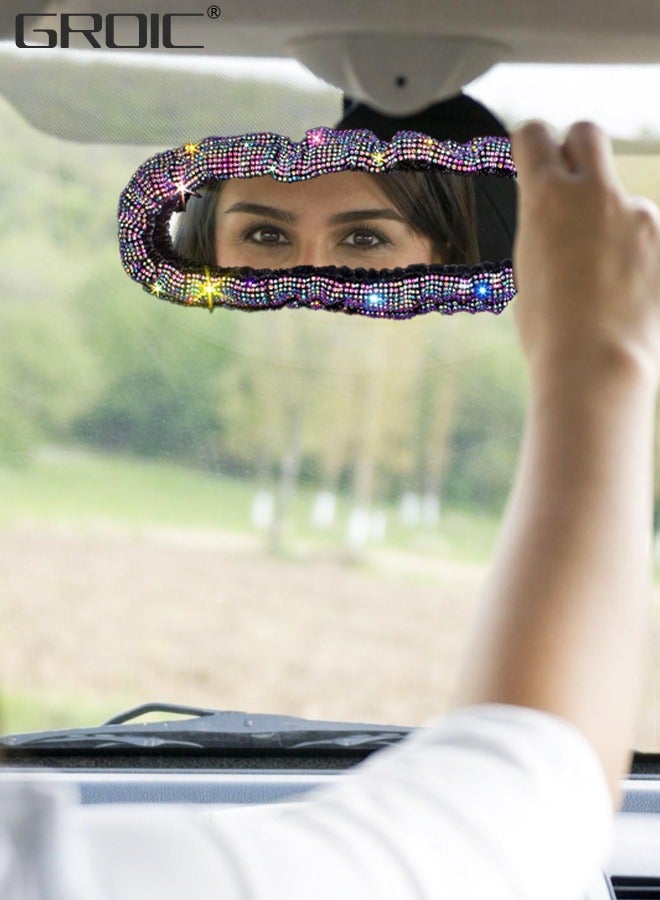 GROIC Bling Bling Car Rearview Mirror Accessories Rhinestones Car Rear View Mirror Cover Elastic Plush Car Mirror Accessories Bling Car Accessories Car Decor for Women Colorful  - Image 3