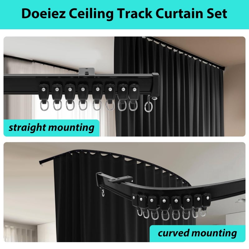 Doeiez Room Divider Blackout Curtains Flexible Sliding Tracks Sets Ceiling Mounted Rod Window Curtain Privacy Separation for Bedroom Living Rooms,1 Panel Black Drape and Black Track Set-W108xH84 in - Image 3