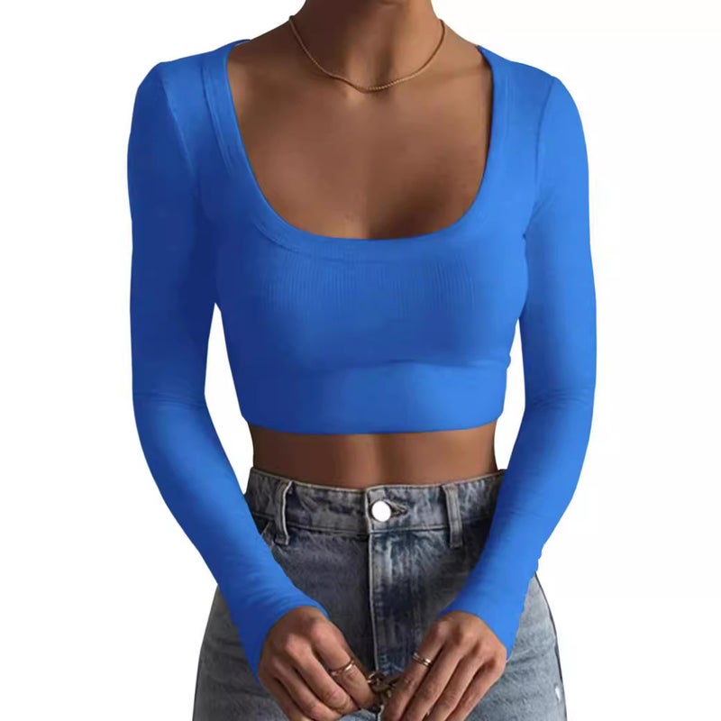 New Product Style Large Round Neck Long-Sleeved Ribbed Ultra-Short Slim Fit Slimming T-Shirt 2025 Short Style - Image 4