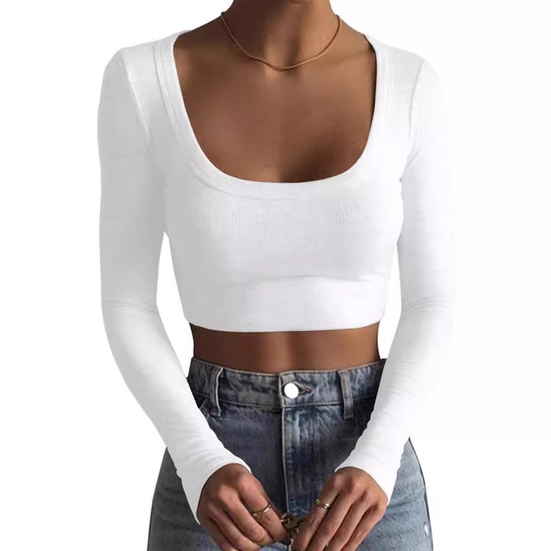 New Product Style Large Round Neck Long-Sleeved Ribbed Ultra-Short Slim Fit Slimming T-Shirt 2025 Short Style - Image 3