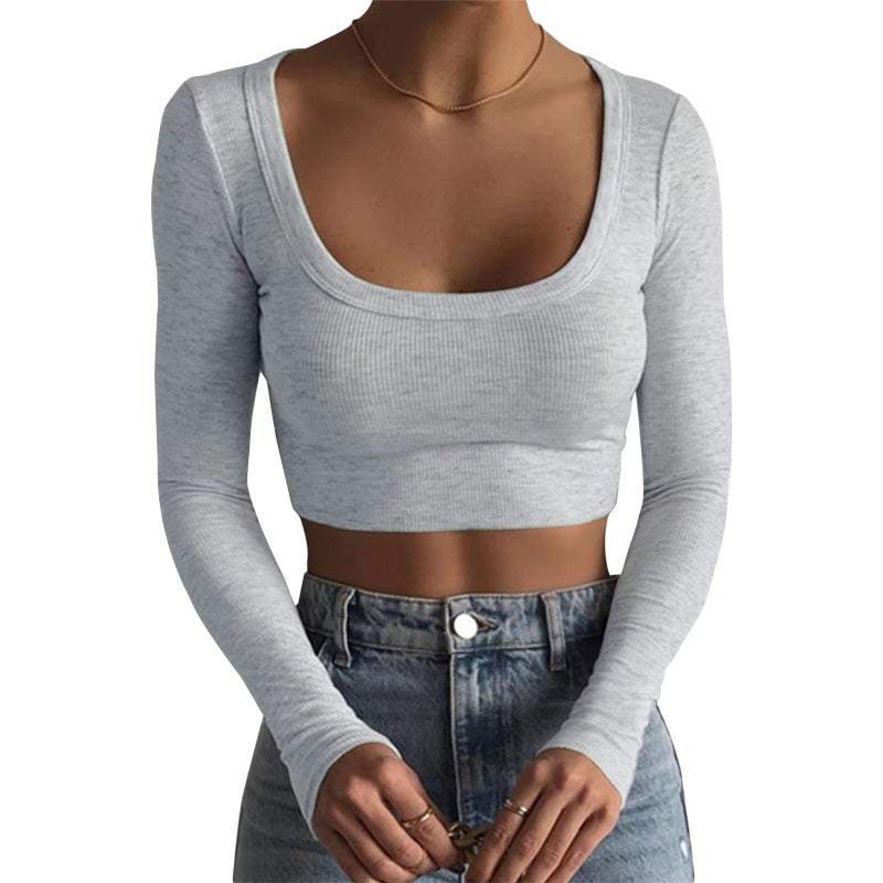 New Product Style Large Round Neck Long-Sleeved Ribbed Ultra-Short Slim Fit Slimming T-Shirt 2025 Short Style - Image 2