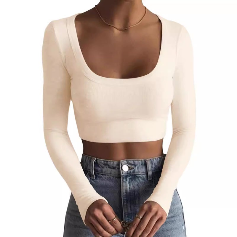 New Product Style Large Round Neck Long-Sleeved Ribbed Ultra-Short Slim Fit Slimming T-Shirt 2025 Short Style - Image 5