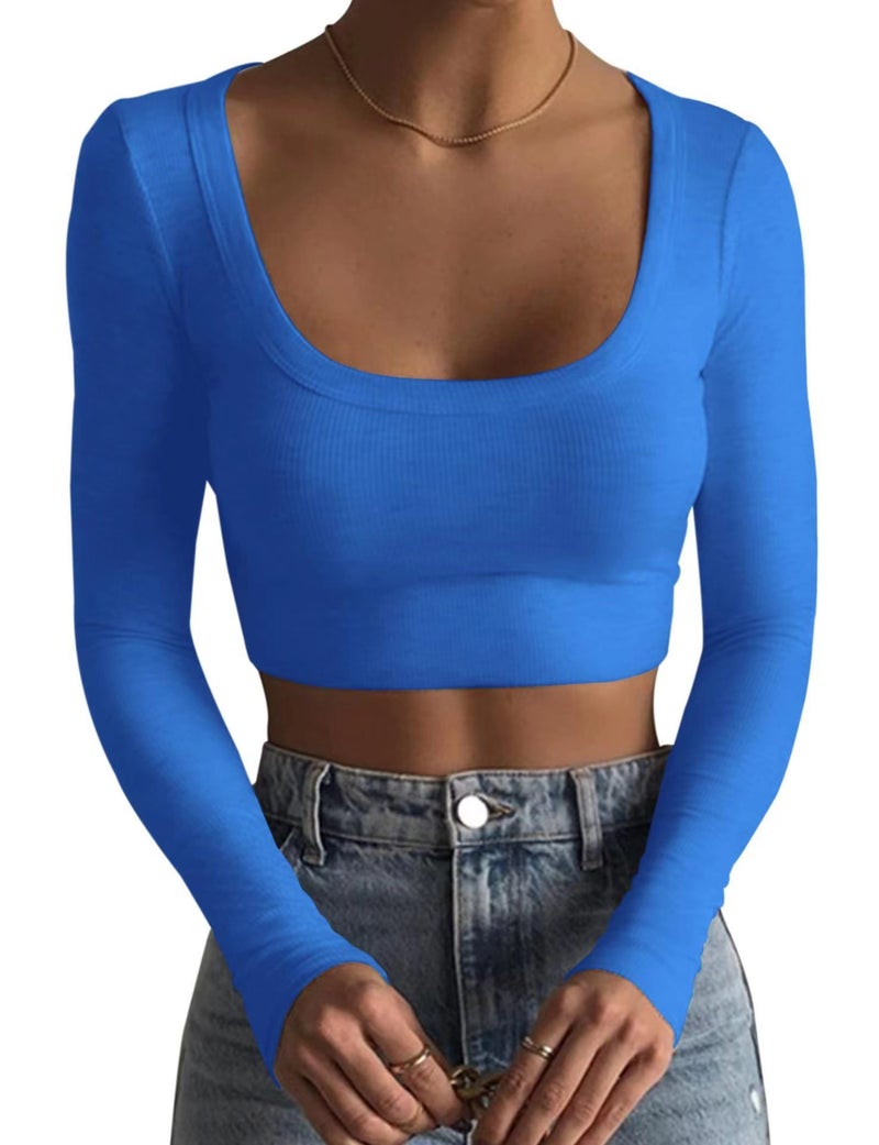New Product Style Large Round Neck Long-Sleeved Ribbed Ultra-Short Slim Fit Slimming T-Shirt 2025 Short Style - Image 1