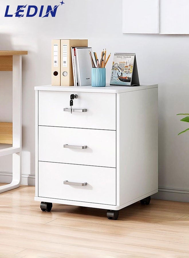 ليدين خزانة ملفات بثلاثة أدراج قابلة للقفل ومزودة بعجلات من الخشب الصناعي الأبيض (ثلاثة أدراج) - Image 1