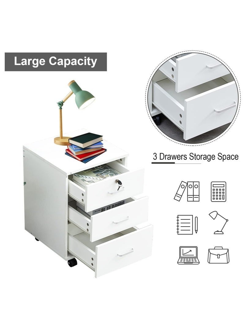 ليدين خزانة ملفات بثلاثة أدراج قابلة للقفل ومزودة بعجلات من الخشب الصناعي الأبيض (ثلاثة أدراج) - Image 4