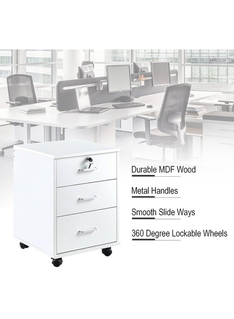 ليدين خزانة ملفات بثلاثة أدراج قابلة للقفل ومزودة بعجلات من الخشب الصناعي الأبيض (ثلاثة أدراج) - Image 3