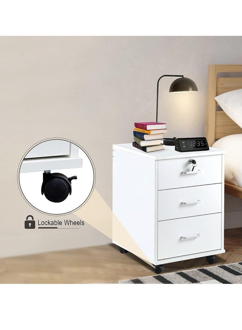ليدين خزانة ملفات بثلاثة أدراج قابلة للقفل ومزودة بعجلات من الخشب الصناعي الأبيض (ثلاثة أدراج) - Image 5