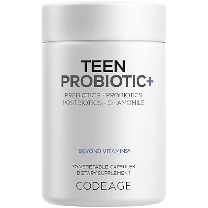 Codeage Teen Probiotic+ Supplement - 25 Billion CFU Probiotic Blend with Prebiotics, Postbiotics & Chamomile - Gut & Digestion Support for Teens and Teenagers 12 & Up - Non-GMO- 30 Capsules - Image 1