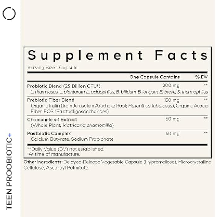 Codeage Teen Probiotic+ Supplement - 25 Billion CFU Probiotic Blend with Prebiotics, Postbiotics & Chamomile - Gut & Digestion Support for Teens and Teenagers 12 & Up - Non-GMO- 30 Capsules - Image 2