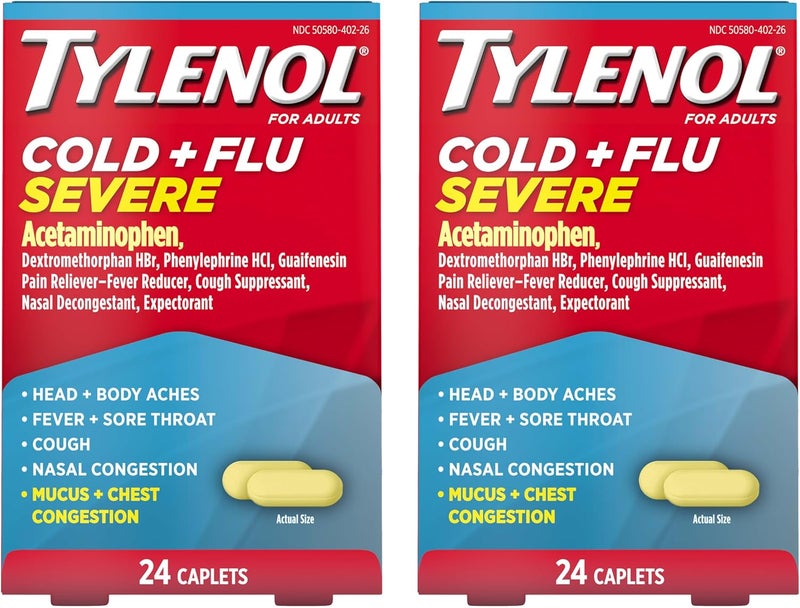 Tylenol Cold + Flu Severe Medicine Caplets for Cold & Flu Symptom Relief, Fever Reducer, Pain Reliever, Cough Suppressant, Nasal Decongestant & Expectorant with Acetaminophen, 2 pks of 24 ct ea, 48 ct