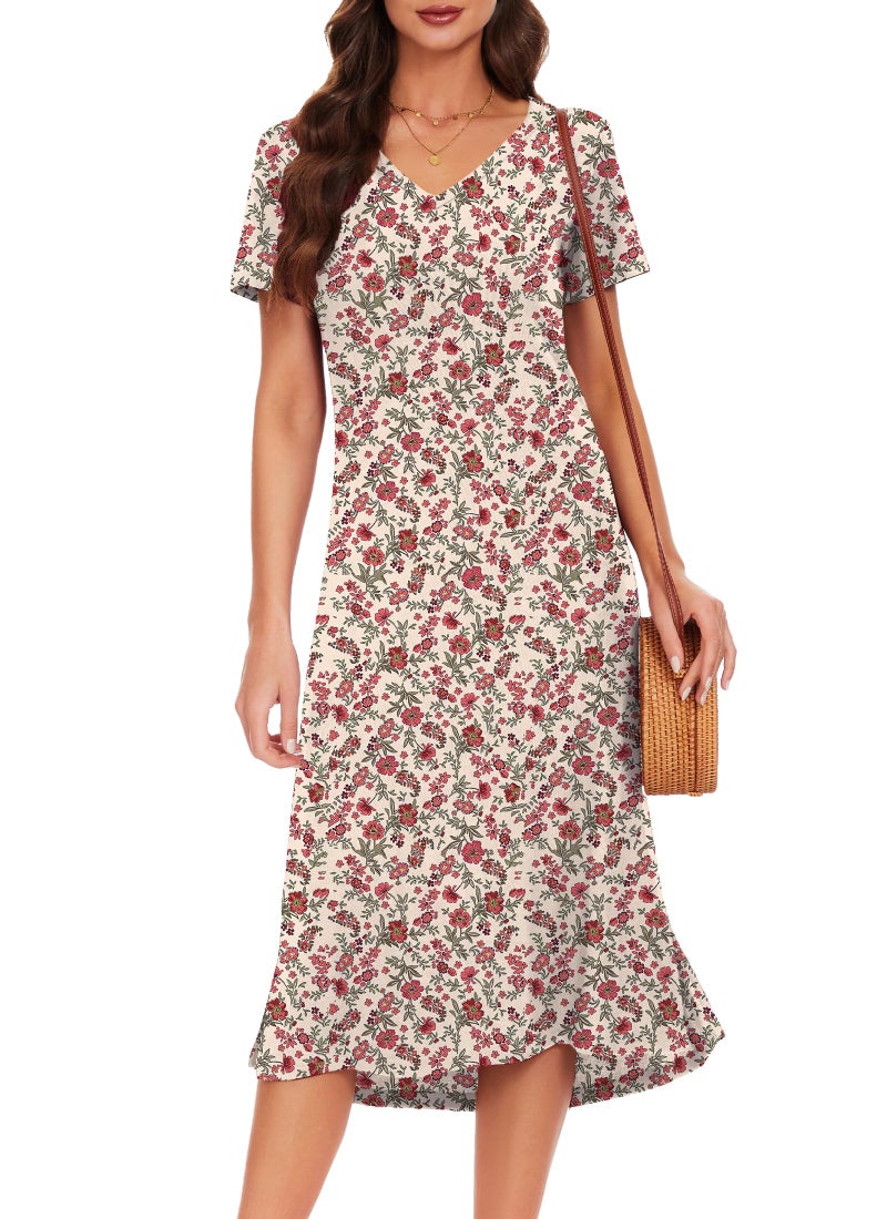 VOBCTY Women's Casual Short Sleeve Tshirt Dress Summer Side Split Loose V Neck Dresses(15B,Medium) - Image 1