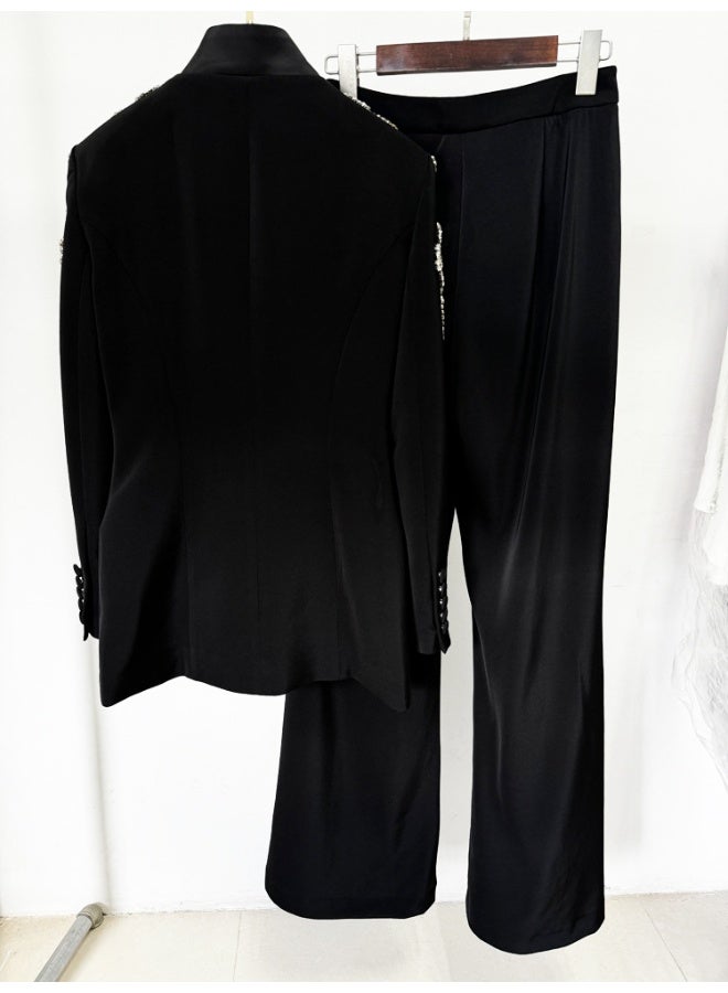 Madam Uniq Black Fashionable Heavy-Duty Rhinestone Embellished Lapel Suit Jacket with Split-Leg Pants Set - Image 4