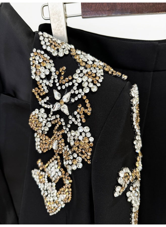 Madam Uniq Black Fashionable Heavy-Duty Rhinestone Embellished Lapel Suit Jacket with Split-Leg Pants Set - Image 5