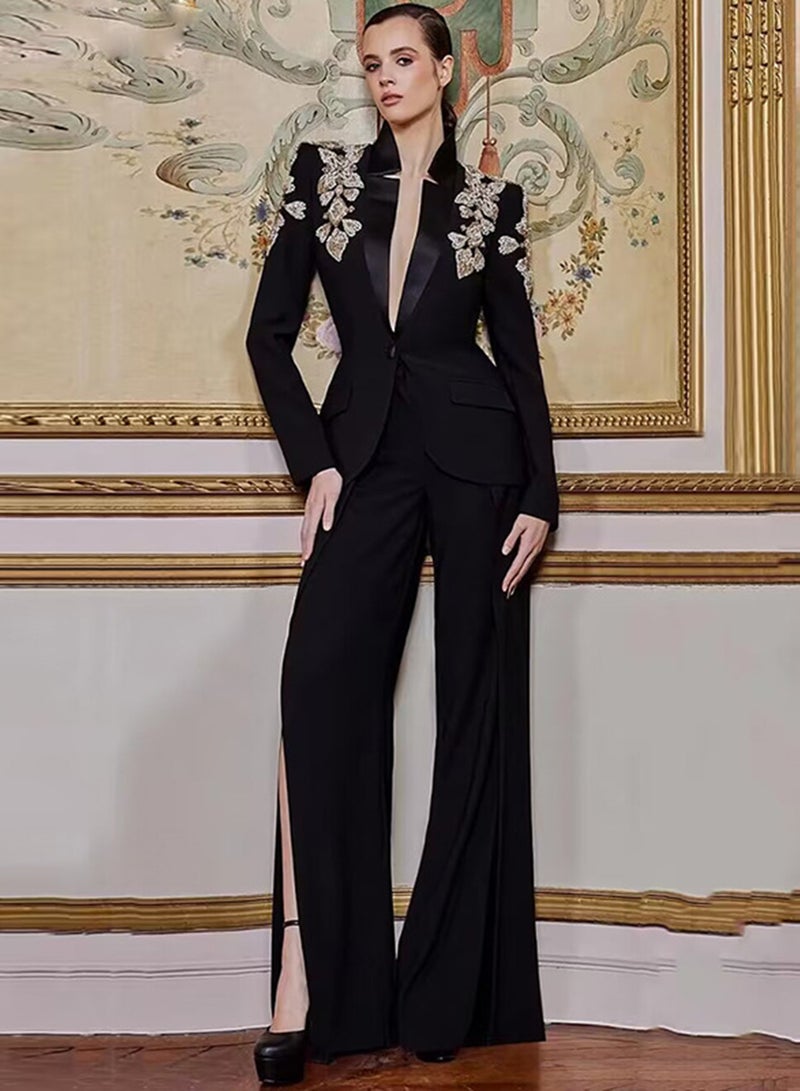 Madam Uniq Black Fashionable Heavy-Duty Rhinestone Embellished Lapel Suit Jacket with Split-Leg Pants Set - Image 1