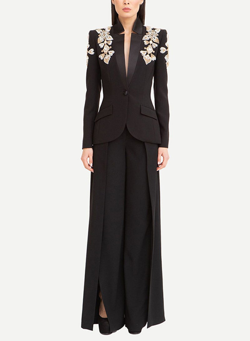 Madam Uniq Black Fashionable Heavy-Duty Rhinestone Embellished Lapel Suit Jacket with Split-Leg Pants Set - Image 2