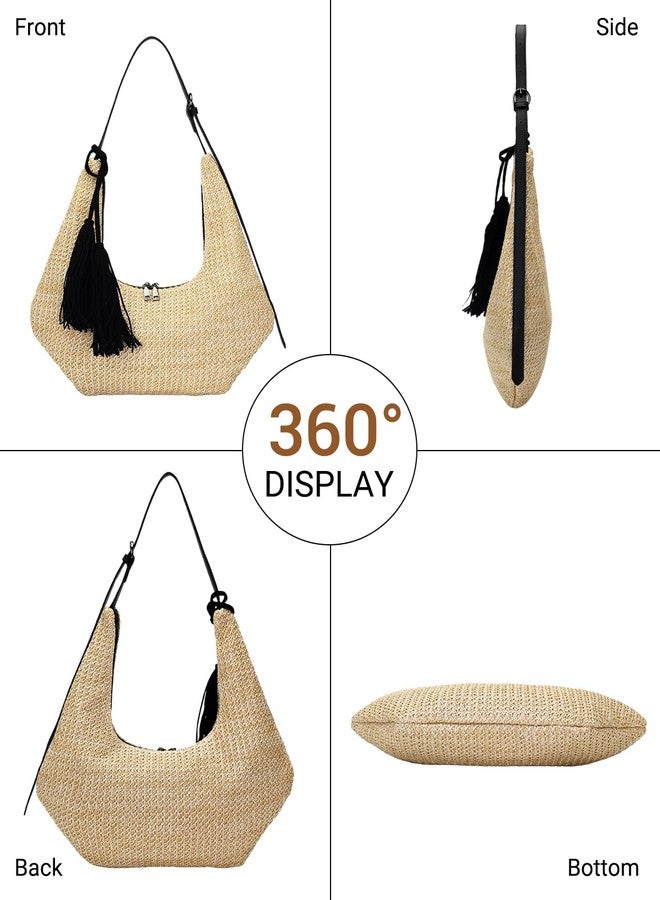 Herald Tassel Straw Hobo Shoulder Bag for Women, Summer Beach Crescent Crossbody Purse Handbag with Adjustable Strap (Black) - Image 5
