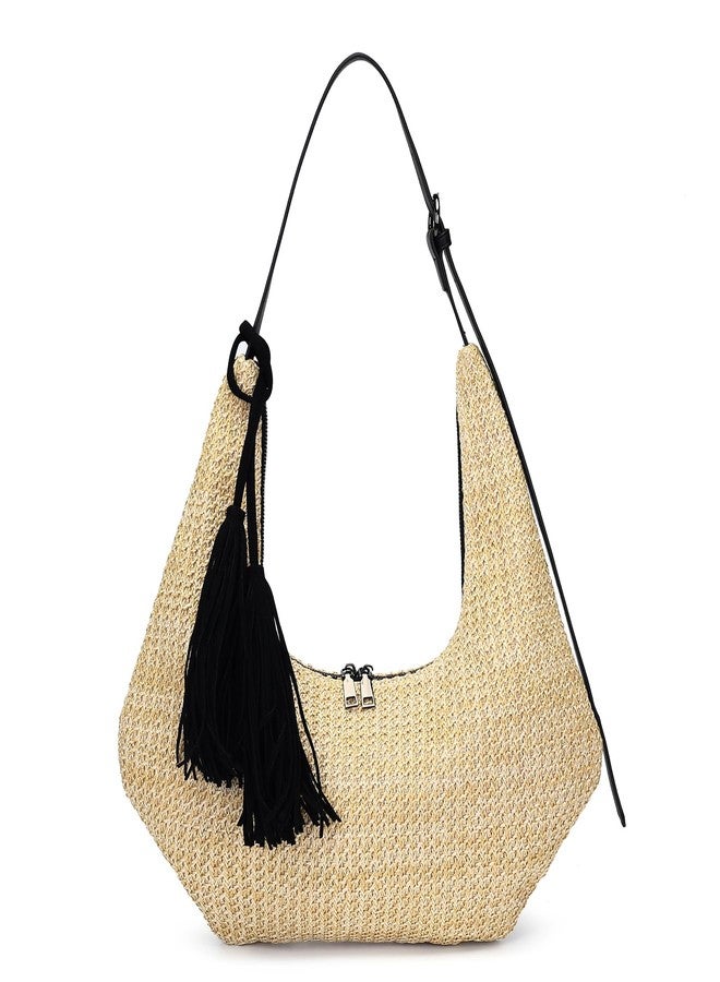 Herald Tassel Straw Hobo Shoulder Bag for Women, Summer Beach Crescent Crossbody Purse Handbag with Adjustable Strap (Black) - Image 1