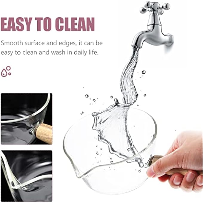 توي اند اونا قدر زجاجي غير لاصق للمعكرونة سعة 650 مل، قدر حليب صغير، قدر زجاجي للموقد، سخان زبدة بمقبض خشبي لحساء المعكرونة والحليب وطعام الأطفال - Image 5