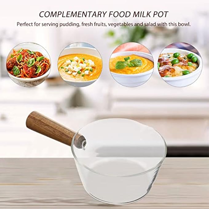 توي اند اونا قدر زجاجي غير لاصق للمعكرونة سعة 650 مل، قدر حليب صغير، قدر زجاجي للموقد، سخان زبدة بمقبض خشبي لحساء المعكرونة والحليب وطعام الأطفال - Image 4