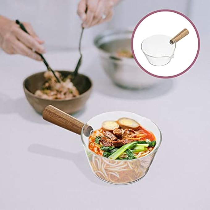 توي اند اونا قدر زجاجي غير لاصق للمعكرونة سعة 650 مل، قدر حليب صغير، قدر زجاجي للموقد، سخان زبدة بمقبض خشبي لحساء المعكرونة والحليب وطعام الأطفال - Image 3