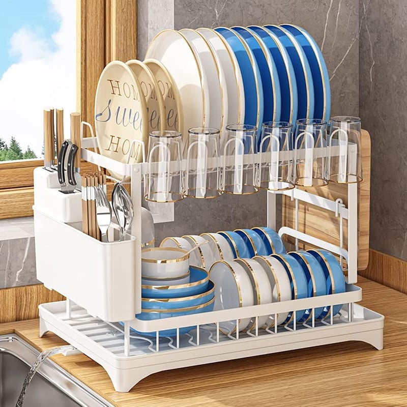 Moonmen Dish Drying Stand with Drainer, 2-Tier Large Kitchen Counter Dish Rack with Detachable Cutting Board Holder Utensil Holder and Cup Holder Baking Paint Process Coatings Dish Drainer (White) - Image 1