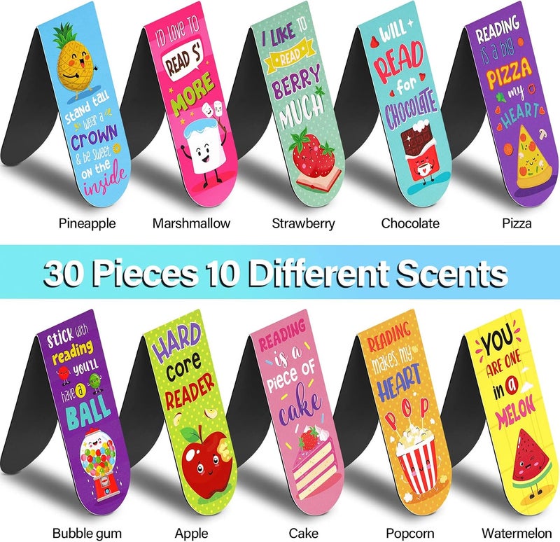 Fainne 30 Pieces Assorted Scented Magnetic Bookmarks Scratch and Sniff Fruit Food Theme Bookmarks Encouraging Sayings Bookmarks Cute Bookmarks for Kids, Students, Teens, 10 Styles (Classic) - Image 3