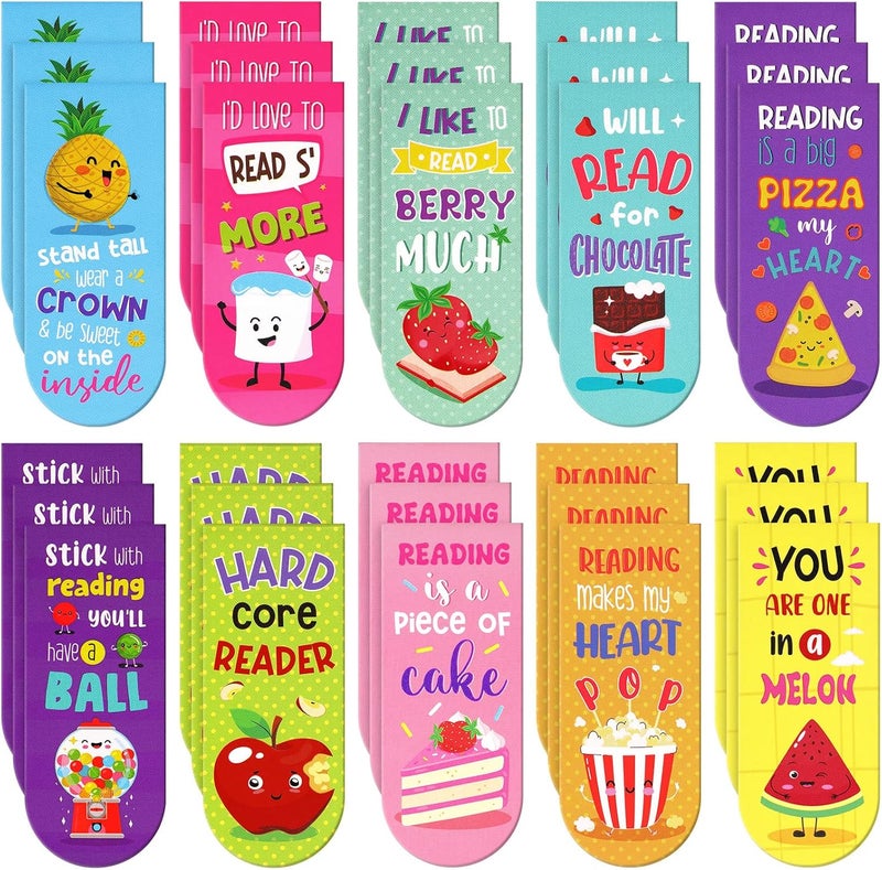 Fainne 30 Pieces Assorted Scented Magnetic Bookmarks Scratch and Sniff Fruit Food Theme Bookmarks Encouraging Sayings Bookmarks Cute Bookmarks for Kids, Students, Teens, 10 Styles (Classic) - Image 1