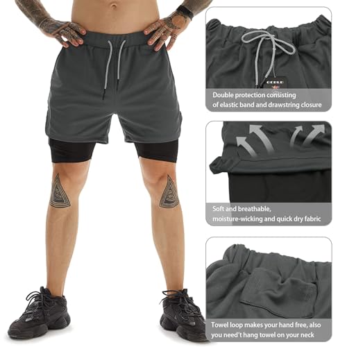 OEBLD Gym Shorts Men for Running, Training, Mens Athletic Workout Shorts with Compression Mesh Liner, Quick Dry, Lightweight, Phone Pocket, Towel Loop, 7inch - Image 4