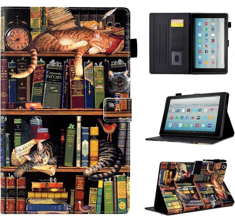 حافظة واقية من نوع "Folio Stand Cover" مصنوعة من جلد PU عالي الجودة لجهاز Fire HD 8 (الجيل الثامن/السابع/السادس، إصدارات 2018/2017/2016)، تتميز بتصميم يشبه قطة على رف كتب. - Image 1