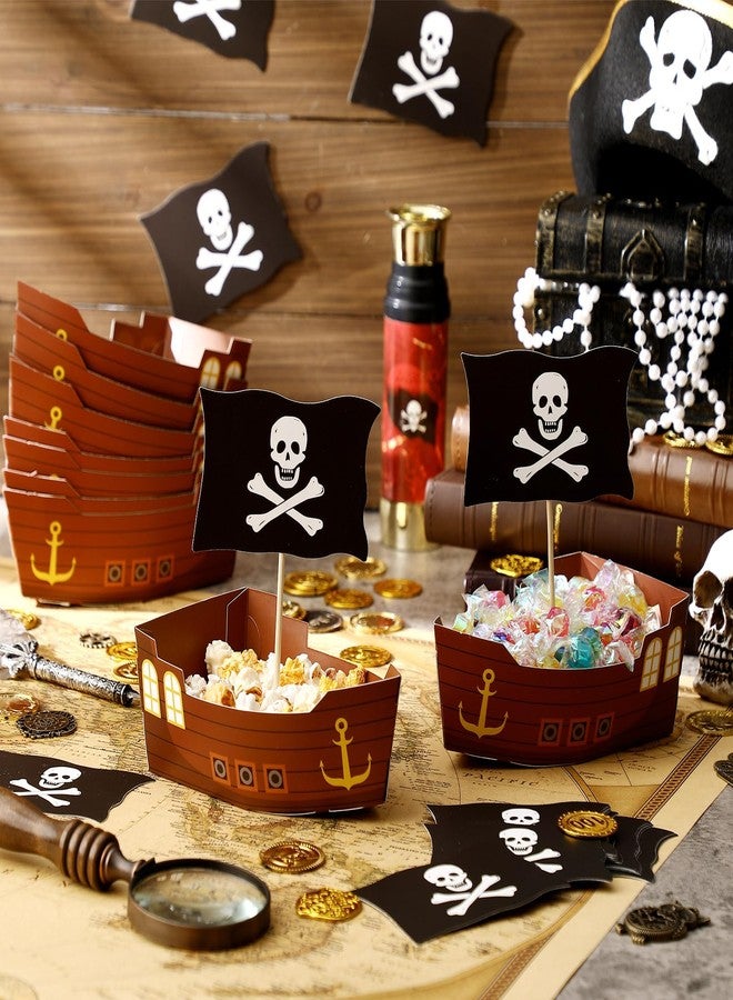 Jingmore 24 Pcs Theme Party Decorations Set Disposable Paper Food Serving Tray Boats Tray with Bamboo Sticks for Concession Food Carnivals Tropical Aloha Gasparill Pirate Party Supplies(Pirate) - Image 3