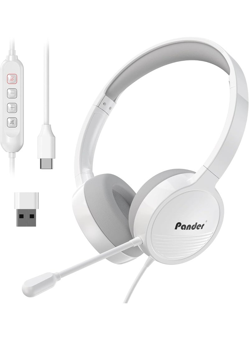 Pander سماعة رأس مزودة بميكروفون، سماعة رأس سلكية بمنفذ USB مزودة بميكروفون للكمبيوتر الشخصي، سماعة رأس للكمبيوتر مزودة بميكروفون عازل للضوضاء، سماعات رأس USB/USB-C مزودة بميكروفون للعمل والمكتب والفصول الدراسية عبر الإنترنت وSkype وZoom Meeting  - Image 1