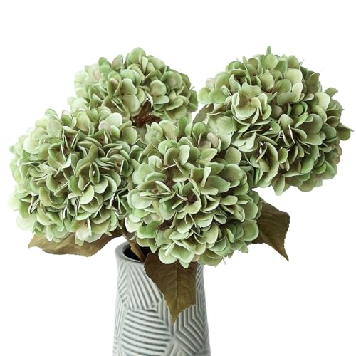 mizii 4Pcs Green Artificial Hydrangea Flowers Large Fake Silk Hydrangea Flower with Leaves Stems Realistic Faux Hydrangeas Decorations for Wedding Table Centerpieces Vase Home Decor (Green) - Image 1