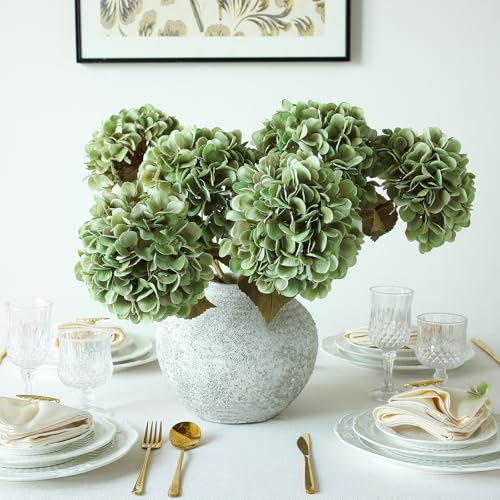 mizii 4Pcs Green Artificial Hydrangea Flowers Large Fake Silk Hydrangea Flower with Leaves Stems Realistic Faux Hydrangeas Decorations for Wedding Table Centerpieces Vase Home Decor (Green) - Image 3