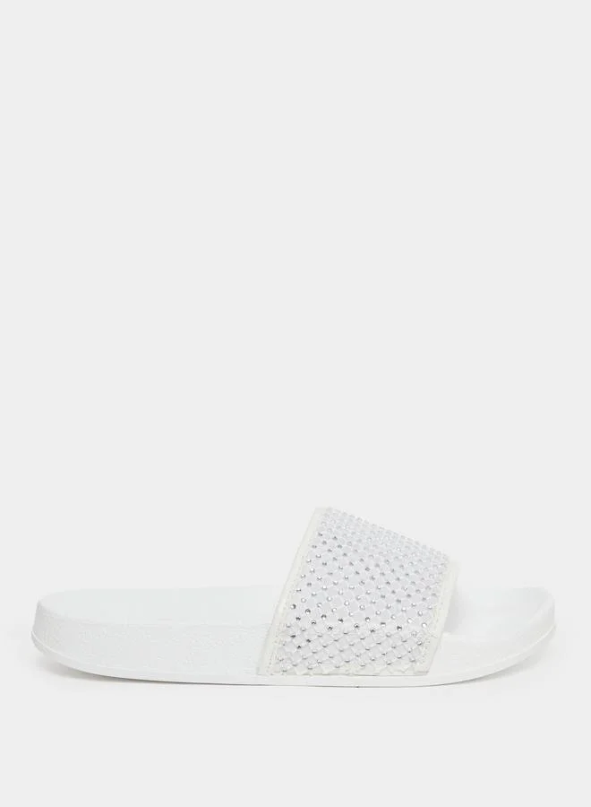Styli Styli White Embellished Strap Slides