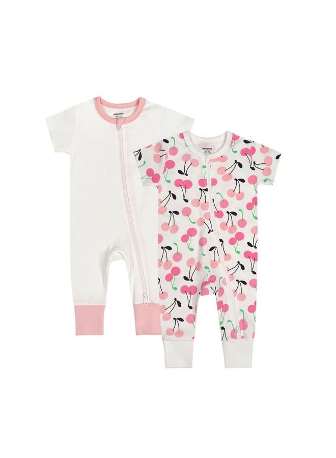 Teach Leanbh Baby Boys Girls 2 Pack Footless Pajamas Cotton Short Sleeve Printing Romper Sleep and Play 3-24 Months, Cherry, 6-12 Months - Image 1