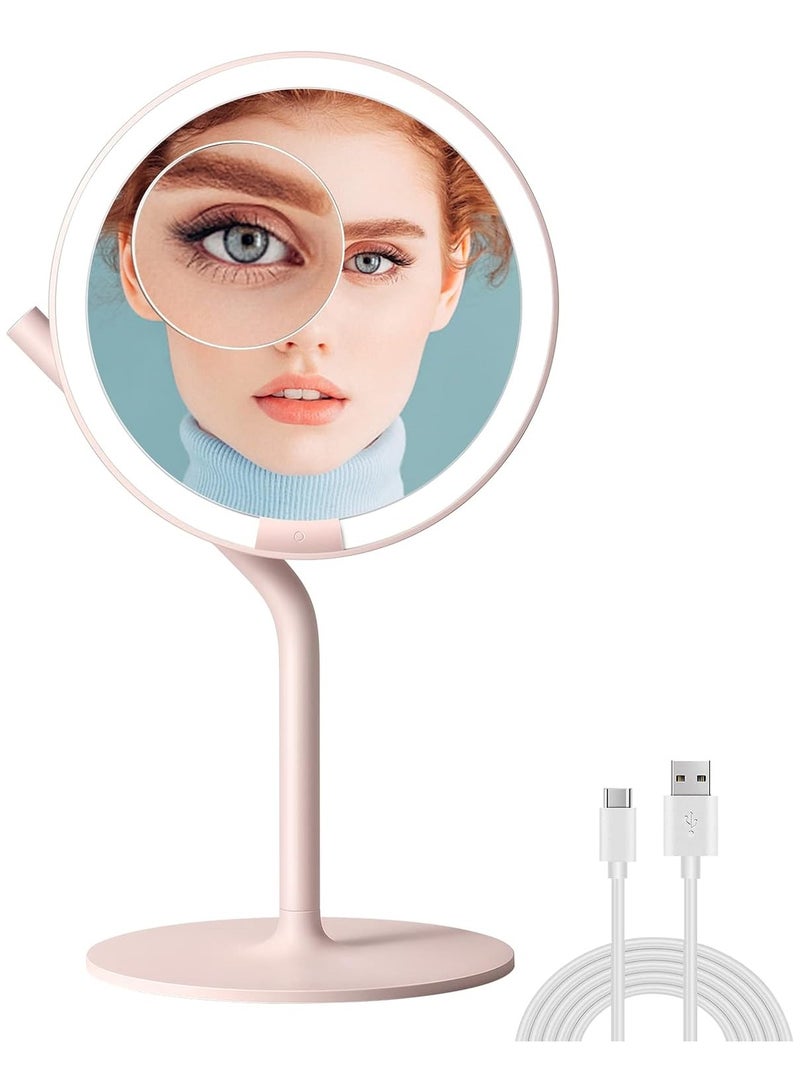 AMIRO AMIRO Rechargeable Lighted Makeup Mirror, 8'' LED Portable Vanity Mirror with Light, 5-Level Brightness Touch Screen Control Memory Function 180° Rotation Detachable 5X Magnification Pocket Mirror Pink  - Image 1