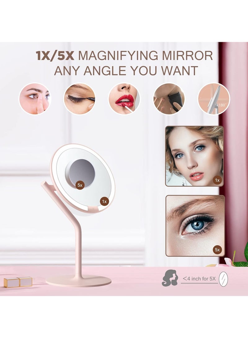 AMIRO AMIRO Rechargeable Lighted Makeup Mirror, 8'' LED Portable Vanity Mirror with Light, 5-Level Brightness Touch Screen Control Memory Function 180° Rotation Detachable 5X Magnification Pocket Mirror Pink  - Image 3